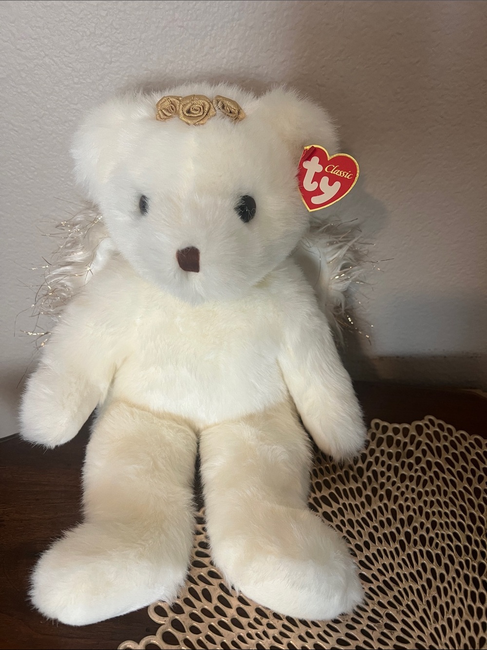 Ty Classic bear “Divine” NWT. Precious white and gold angel with gold wings.